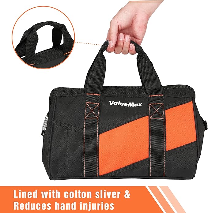 ValueMax 13-Inch Small Tool Bag, Wide Mouth Tool Bag with 12 Storage Pockets, Heavy Duty Orange Tool Tote Organizer