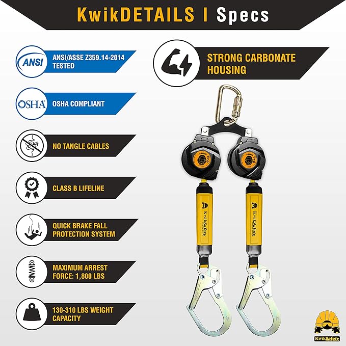 KwikSafety - 6' mini Mamba Twin-Leg Self Retracting Lifeline [NO Tangle Web] Class 1 Retractable Safety Lanyard SRL ANSI OSHA