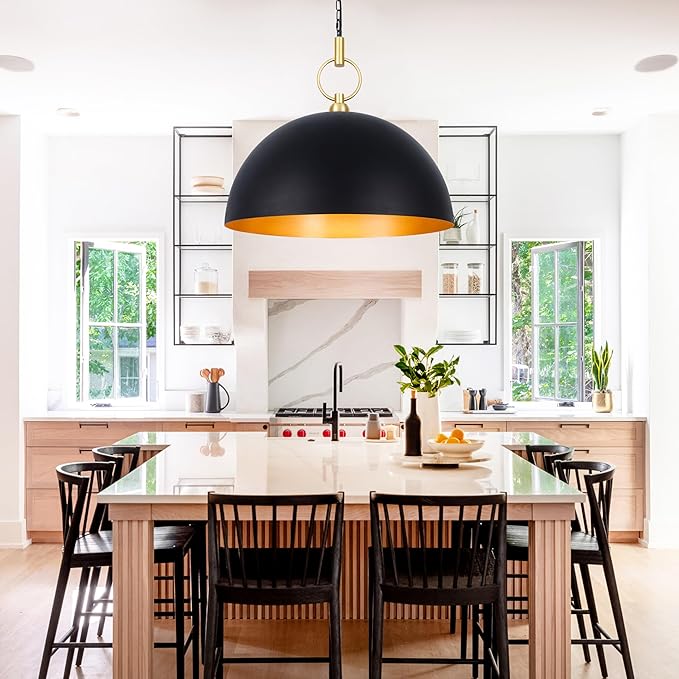 23.6" Farmhouse Pendant Lights for Kitchen Island, Black and Gold Large Dome Pendant Light Fixture Industrial Hanging Lamp for Dining Room Living Room Hallway Bar Bedroom