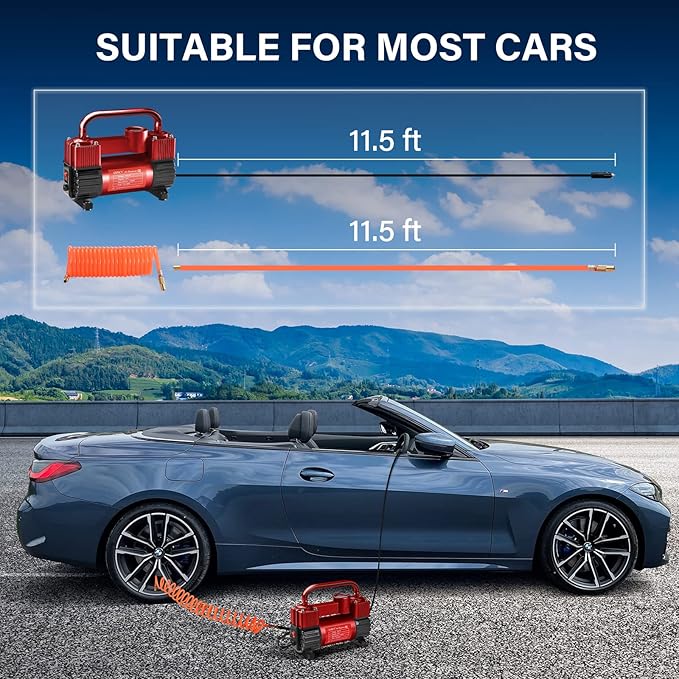 GSPSCN Red Tire Inflator Heavy Duty Double Cylinders, Portable Metal DC 12V Air Compressor - Car Accessories，150PSI Tire Pump with Adapter for Car, Truck, SUV Tires, Dinghy, Air Bed etc