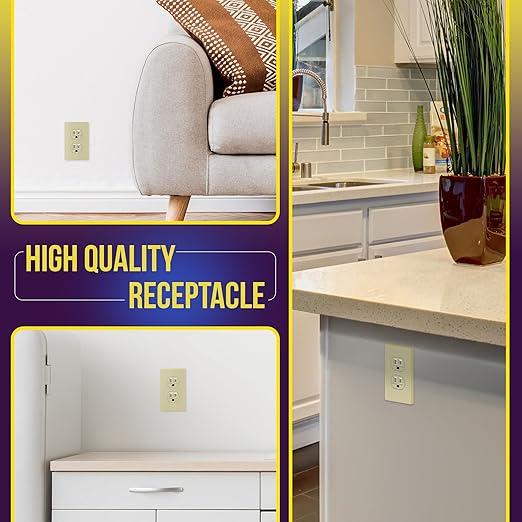 ENERLITES Duplex Receptacle Outlet, Tamper-Resistant, Residential Grade, 3-Wire, Self-Grounding, 2-Pole,15A 125V, UL Listed, 61580-TR-I-10PCS, 4.06" L x 1.31" W, Ivory (10 Pack)