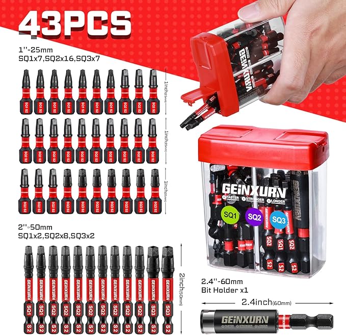 Impact Square Screwdriver Bits Set,43 Pcs Magnetic (SQ1/SQ2/SQ3) S2 Steel Multi Driver Bits Tips with Storage Colorful Box