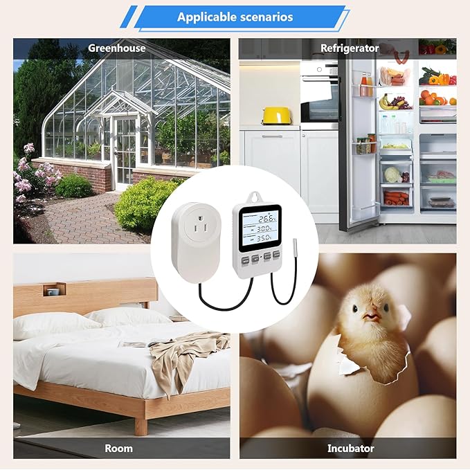 Digital Plug in Thermostat Outlet Socket, Heating Cooling Electric Temperature Controller, Heater Cooler Switch with Sensor, for Incubation Heat Mat Reptile Greenhouses Terrarium, 120V 15A