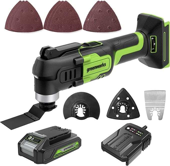 Greenworks 24V Cordless Multi-Tool, Oscillating Tool for Cutting/Nailing/Scraping/Sanding with 6 Variable Speed Control, 2.0Ah Battery, 2A Charger and 13 Accessories Included