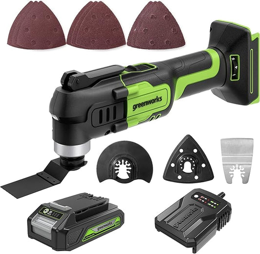 Greenworks 24V Cordless Multi-Tool, Oscillating Tool for Cutting/Nailing/Scraping/Sanding with 6 Variable Speed Control, 2.0Ah Battery, 2A Charger and 13 Accessories Included