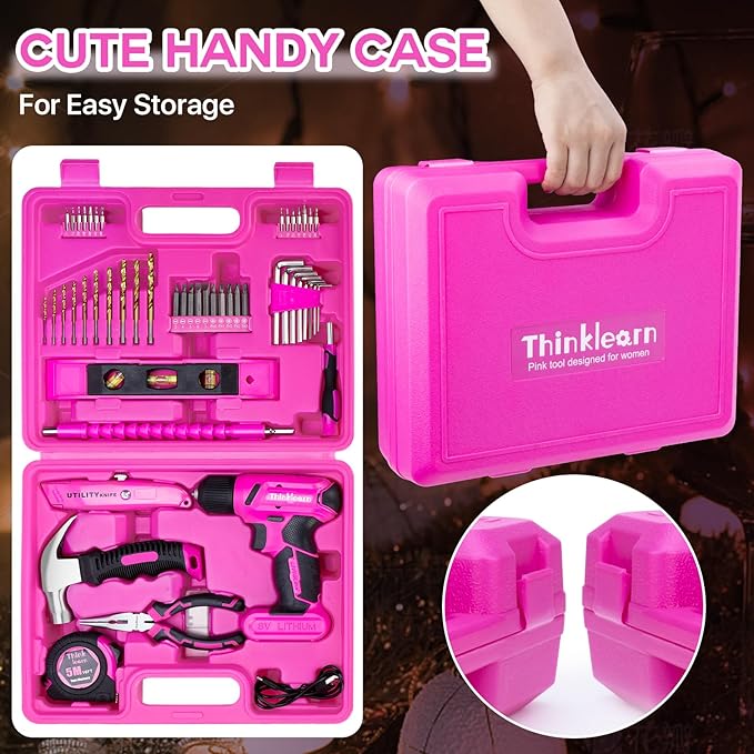 8V Pink Cordless Drill Set, 64 Pcs Pink Power Drill Tool Kit for Women, 3/8"Keyless Chuck Electric Screwdriver Driver Kit for Home DIY and Repair, USB Charger and Storage Box Included
