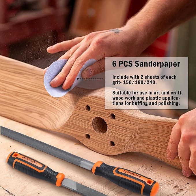 REXBETI 25Pcs Metal File Set, Premium Grade T12 Drop Forged Alloy Steel, Flat/Triangle/Half-round/Round Large File and 12pcs Needle Files with Carry Case, 6pcs Sandpaper, Brush, A Pair Working Gloves