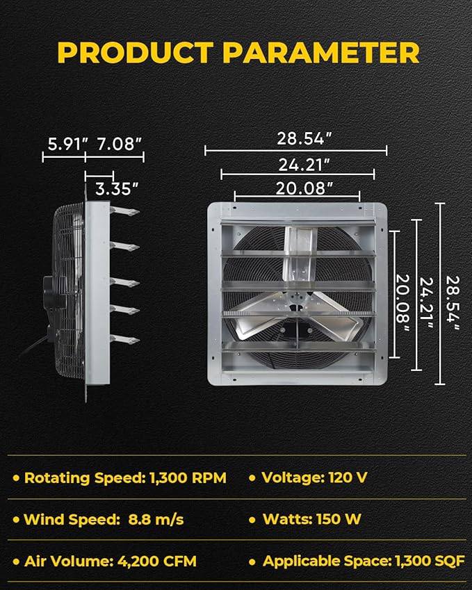 VENTISOL 24 Inch Shutter Exhaust Fan, Ven Fan with Power Cord & Variable Speed Controller Wall Mount, High Speed 4200CFM for Garages, Attic, Shops, Greenhouse