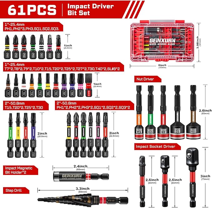 61Pieces Impact Screwdriver Bits Set, Magnetic S2 Steel 1”/2”Phillips/Square/Torx/Slotted Bits Tips,Impact Bit Holder and Nut Driver and Socket Adapter with Storage Box Case