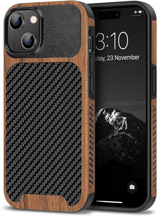 TENDLIN Compatible with iPhone 15 Case Wood Grain with Carbon Fiber Texture Design Leather Hybrid Slim Case (Black)