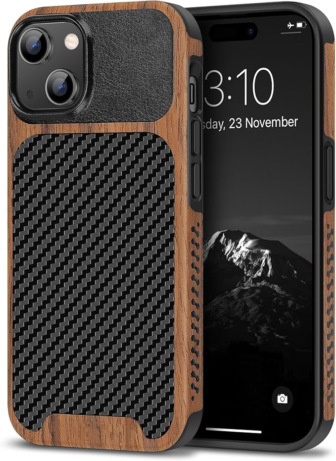 TENDLIN Compatible with iPhone 15 Plus Case Wood Grain with Carbon Fiber Texture Design Leather Hybrid Slim Case (Black)