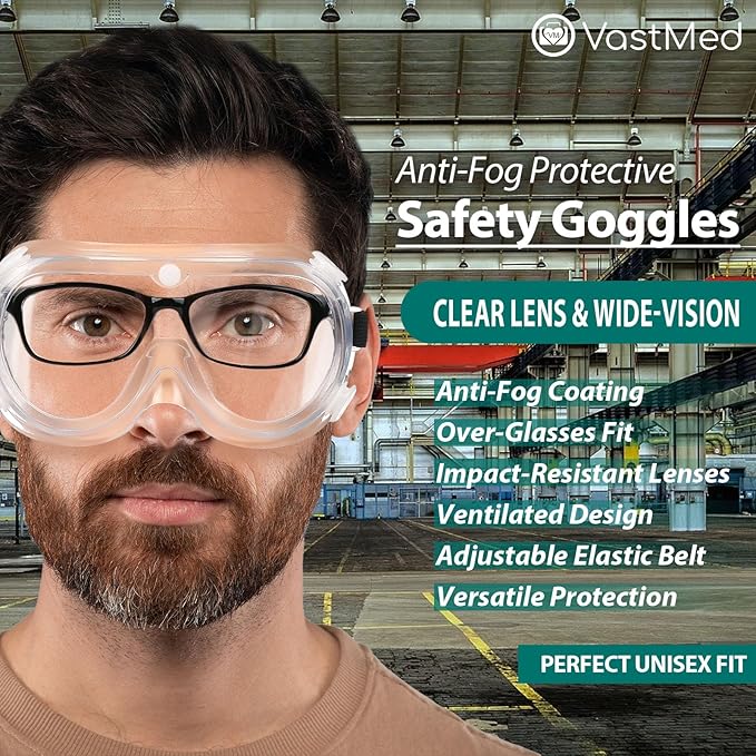 Anti-Fog Protective Safety Goggles Glasses Clear Lens Wide-Vision Adjustable Dust Goggles that Fit Over Glasses