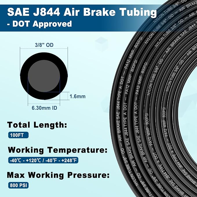 100FT 3/8 DOT Air Line SAE J844 PA12 Nylon Air Hose with Cutter 3/8” OD Pneumatic Tubing DOT Approved 3/8 Air Brake Hose for Air Suspension Kit Truck Trailer Brake System & Fluid Transfer 30.5m