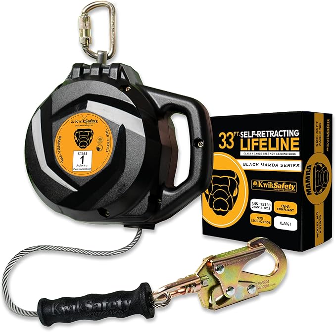 KwikSafety - Charlotte, NC - Mamba 33’ Self Retracting Lifeline [Carbonate + Integrated Handle] Class 1 Cable SRL ANSI OSHA Retractable Fall Arrest Safety Roofing Construction Gear