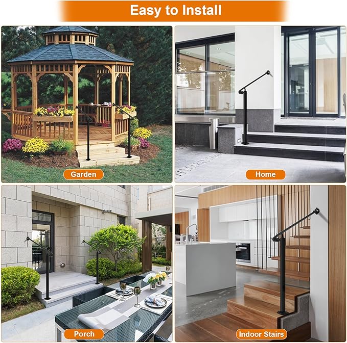 Adjustable Handrail 1-3 Step, Wall&Floor Mounted Wrought Iron Handrails, Handrails for Outdoor Steps, Stair Rail with Installation Kit Hand Rail, Black