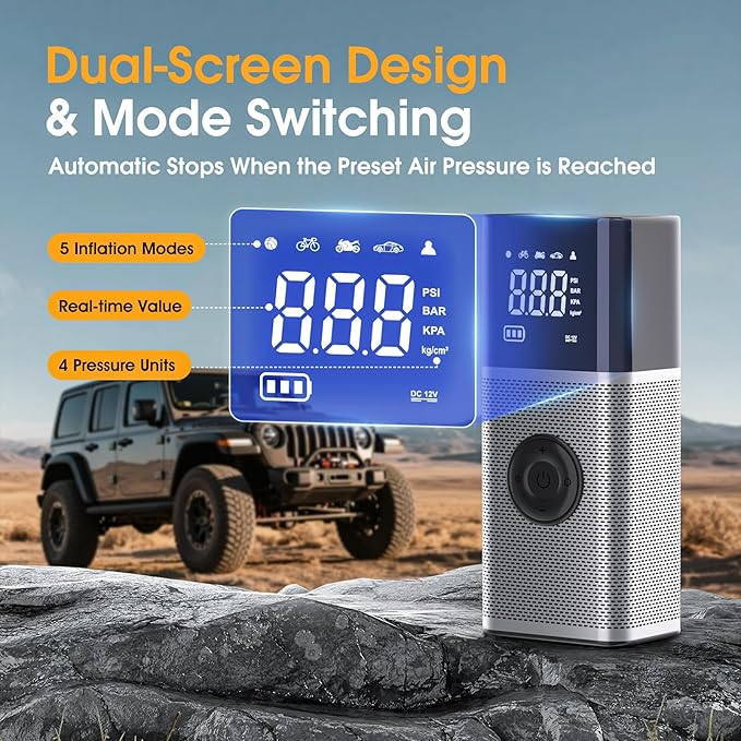 Tire Inflator Portable Air Compressor,150PSI Air Pump for Car Tires with Rechargeable Battery & Tire Pressure Gauge,5X Faster Portable Tire Inflator for Car, Motorcycle, Bike, Ball