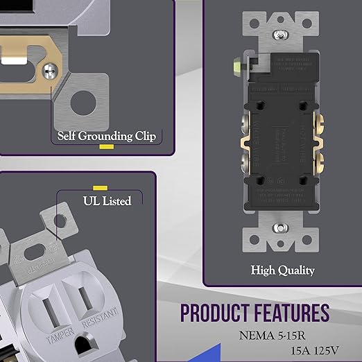 ENERLITES Elite Series Duplex Receptacle, Residential Grade Wall Outlet, Duplex Electrical Outlet, Self-Grounding, 3-Wire, 2-Pole, 15A 125V, UL Listed, 61580-SV, Silver