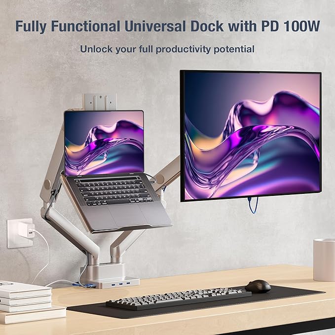 AVLT Dual 17”-38" Monitor Arm Desk Mount with 17" Laptop Tray and USB-C Docking Station, HDMI 4K60Hz, USB-A 5Gbps, Ethernet, 100W PD, Fits Two Flat/Curved Monitor - Gray