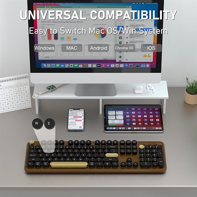 Colorful Wireless Bluetooth Keyboard, 2.4G & Dual Bluetooth Multi-Device, Retro Round Keycaps 104 Keys Full-Size for PC Laptop Tablet Phone (Black-Brown)