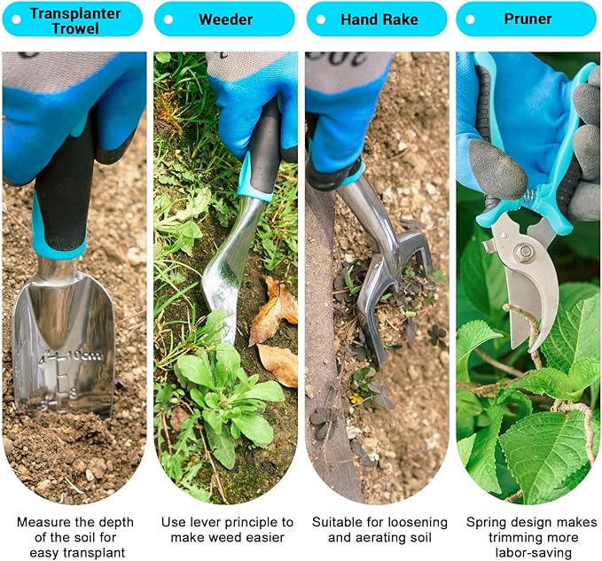 Garden Tool Set with Non Slip Rubber Grip,8 Piece Stainless Steel Gardening Tool Sets,Heavy Duty Outdoor Hand Tools with Bag,Uprooting Weeding Tool, Gifts for Women Men (Blue Garden Tools (11 Pcs))