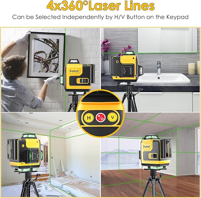 Laser Level, FELLAT 4x360°4D 16 Lines Laser for Construction, Two 360° Vertical and Two 360°Horizontal Green Cross Line Laser with Pulse Mode, Remote Controller and Two Rechargeable Battery