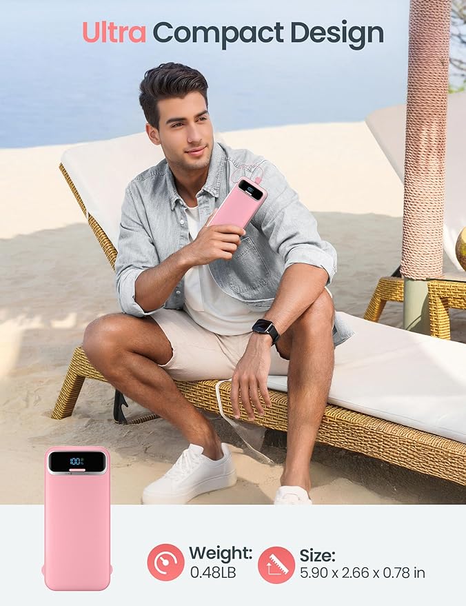 12000mAh Lightweight-Portable-Charger-Power-Bank with Built-in Cables and AC Wall Plug, PD20W USB-C Fast Charging Battery Pack, LED Display External Travel Phone Charger for All iPhone,Samsung,Android