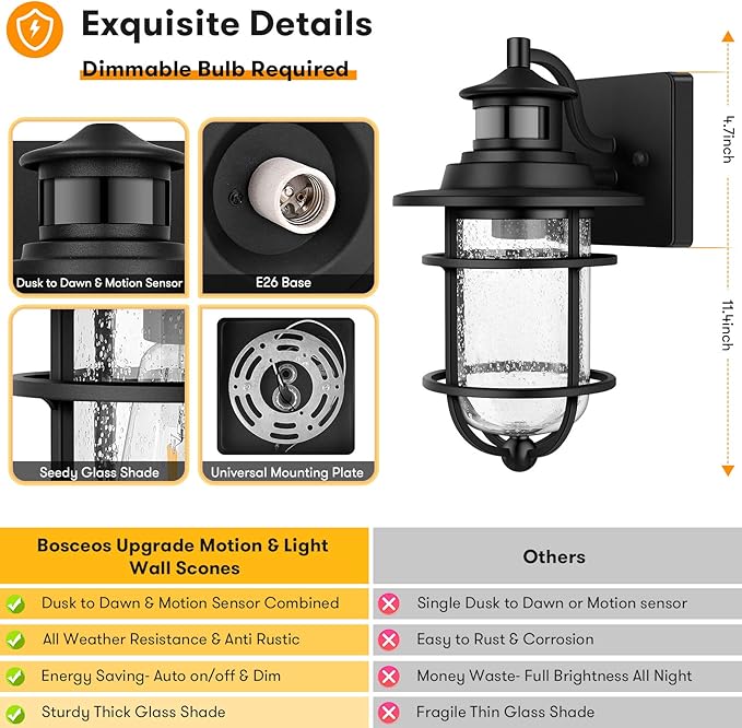 Motion Sensor Outdoor Wall Lantern Dusk to Dawn Waterproof Exterior Wall Sconce with Seeded Glass Black Wall Mount Light Fixture for Porch Doorway Garage, E26 Socket, Motion Activated