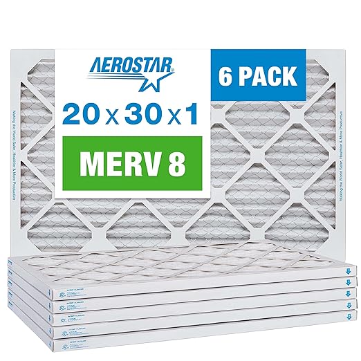 Aerostar 20x30x1 MERV 8 - 6 Count - High Efficiency Pleated HVAC, Furnace & Air Conditioner Filters - Removes Dust, Lint, Mold & Allergy-Causing Pollen