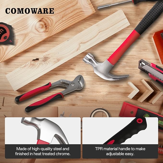 COMOWARE 218 Pcs Home Tool Kit - Basic Household Hand Tool Set, Truck Tool Kit Socket Wrench Combination Tool Set for Home with Plastic Toolbox Storage Case, Rv tool set，Red