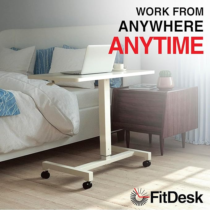 FitDesk Portable Laptop Desk, Rolling Standing Workstation Adjustable Height, Compact Standing Table with Large Surface, Small Stand Desk for Home Office, 30 lb Weight Limit – White, 27" Tabletop