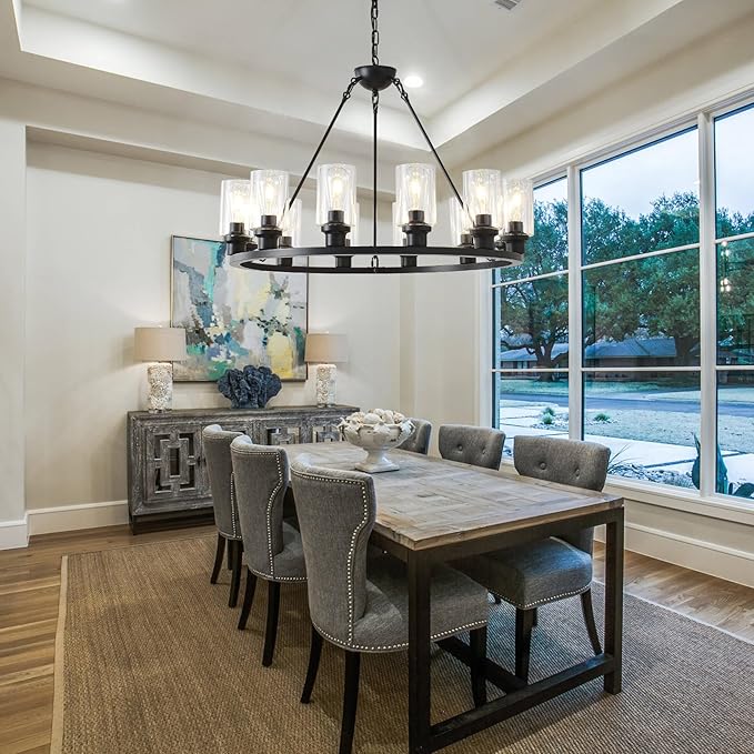 32“ Black Wagon Wheel Chandelier, 12-Light Farmhouse Glass Pendant Lights Kitchen Island Round Hanging Lighting fixtures Ceiling for Living Room, Dining Room, Kitchen Island, Entryway, Foyer