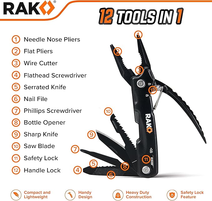 RAK Pro Tools Pliers Multitool - Cool Unique Gifts For Dads Who Have Everything - Compact DIY Survival Multi Tool Gift for Men, Husband, Handyman - Backpacking & Camping Accessories