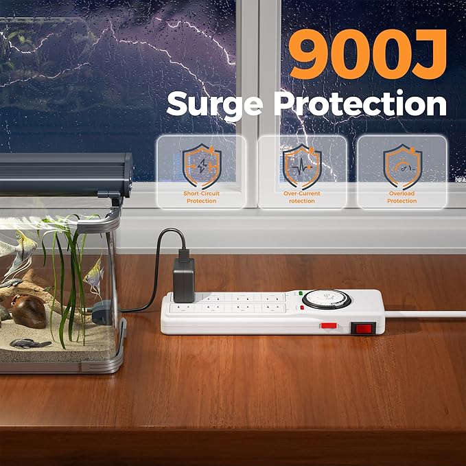 TESSAN 8 Outlets Power Strip with Timer (4 Sockets Timed, The Others Always On), 4 FT Extension Cord with Multiple Outlets, 900J Timer Surge Protector Power Strip with Switch for Plant Aquarium Light