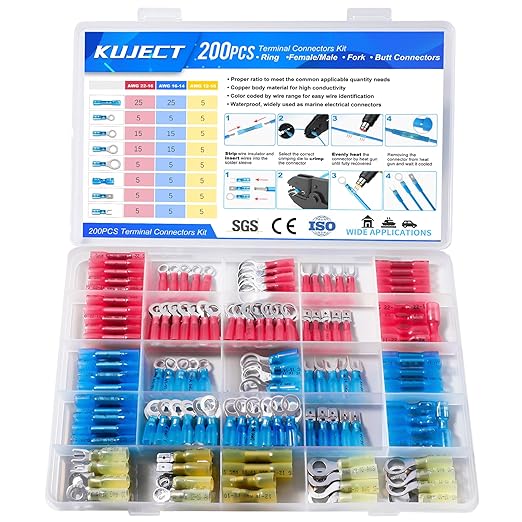 Kuject 200PCS Heat Shrink Wire Connectors Kit, Electrical Waterproof Crimp Butt Terminals, Insulated Spade Connectors for Automotive Marine Boat Truck, Include Rings Forks Spade Butt Splices