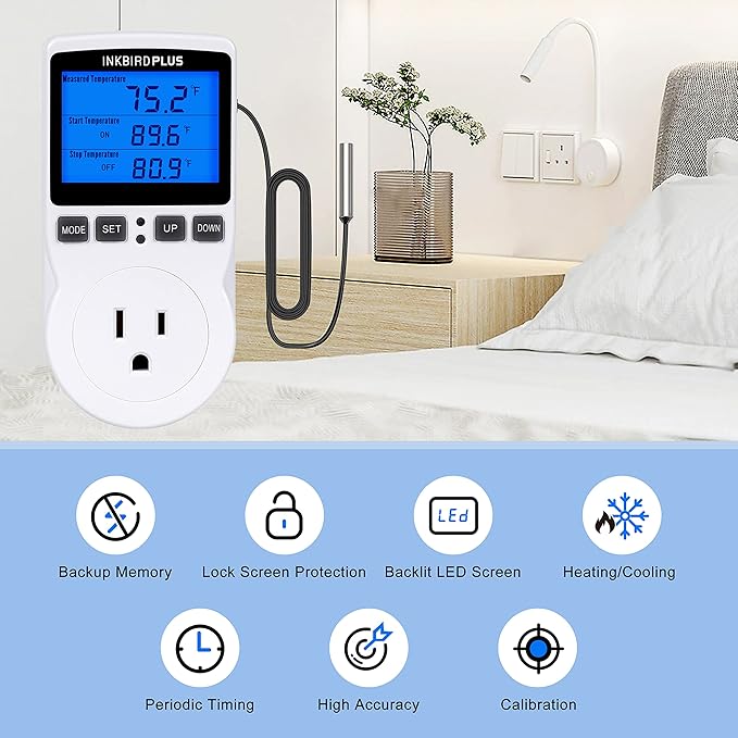 INKBIRDPLUS 1800W Heat Mat Thermostat Temperature Controller 120v 15A F and C Heating Cooling Control