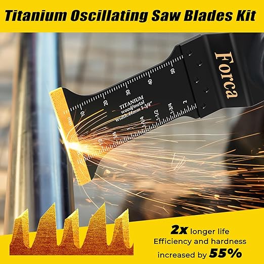FORCA 25pcs Titanium Oscillating Tool Blades, Universal Multitool Blades for Metal Wood Cutting, Oscillating Saw Blade Kit for Dewalt Bosch Milwaukee Ryobi