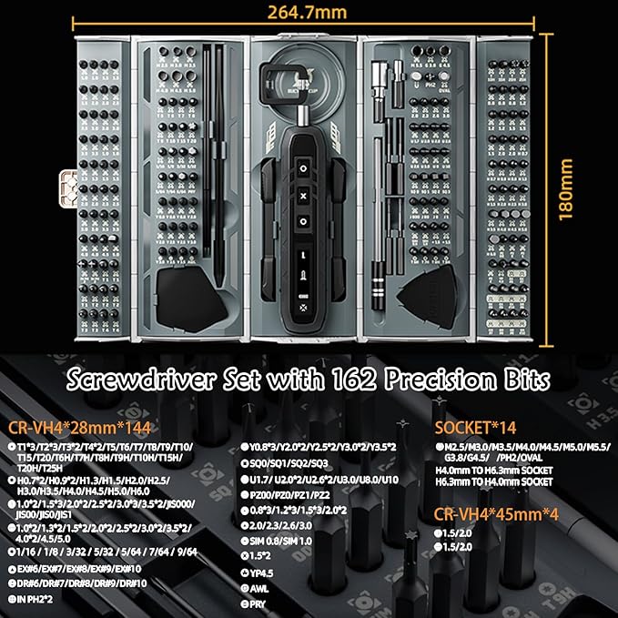 Electric Screwdriver Set, 180 In 1 Electric Precision Screwdriver Set with 160 Magnetic Bits, Magnetic Storage, Power Screwdriver Repair Tool Kit for Computer Phone Laptop & Electronics Repair