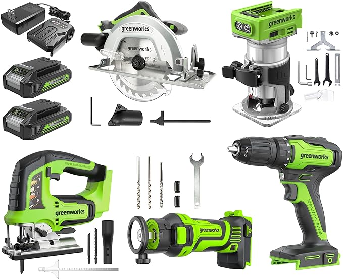 Greenworks 24V Brushless 5 pcs Cordless Power Tool Combo Kit, include Drill Driver, Circular Saw, Jigsaw, Wood Router, Drywall Cut-out Tool, 2 x 2Ah Batteries and Charger