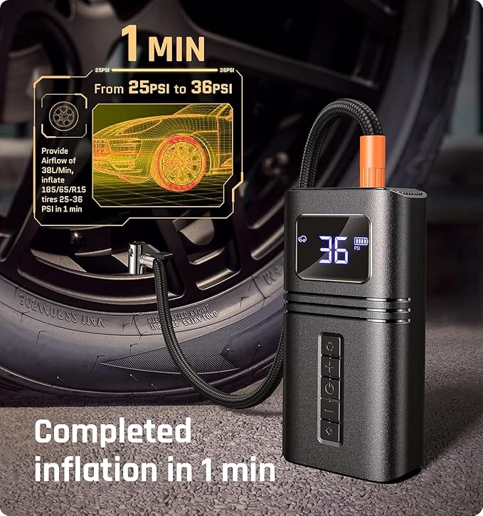 Tire Inflator Portable Air Compressor for Car Tire, Cordless & Strong Power, Air Pump with 6000mAh Battery, Fast inflate 150PSI, Tire Pump with LED Light for Car Bike Motor Ball