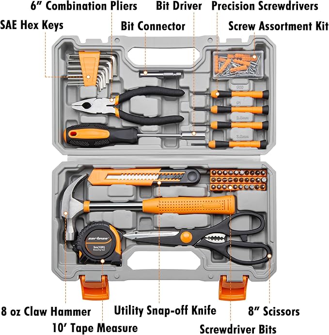CARTMAN 126-Piece Home Tool Set Kit, Basic Household Hand Tools with Storage Case, Orange