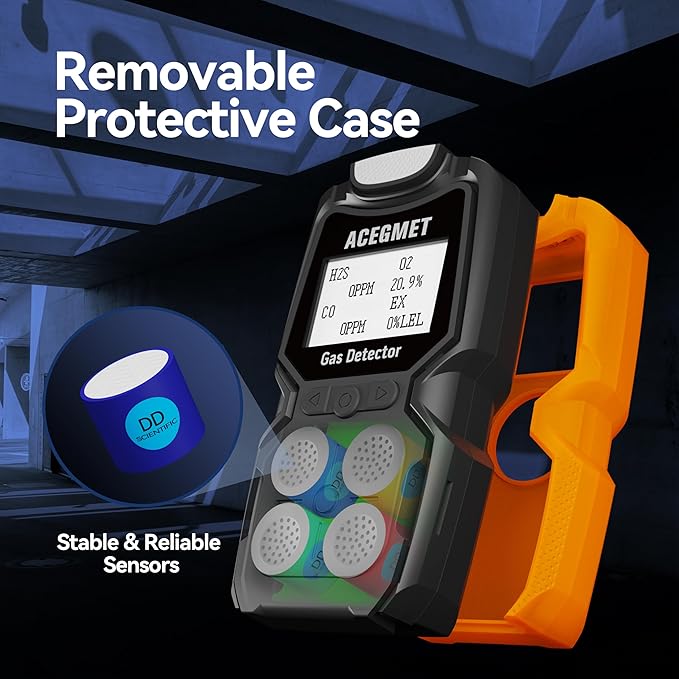 ACEGMET Gas Detector, 4 Gas Monitor Multiple Indicator (Vibration, Audible, Visual) H2S, O2, CO and LEL 4 Gas Monitor Personal Rechargeable 4 Gas Meter 2 Years of Sensor Life Gas Sniffer