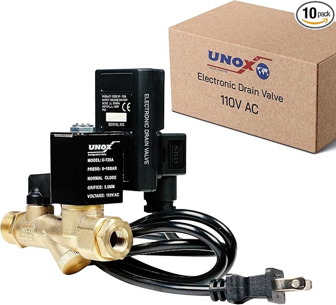 UNOX Electronic Drain Valve for Air Compressor Set of 10, 1/2" NPT to 1/4" NPT 110/120V AC Automatic Timed Tank Drain Valve with 6 feet US Plug Cable - Max 235 PSI Solenoid Valve Assembled