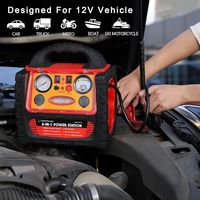 1800 Amp Car Jump Starter with Air Compressor,Portable Power Station with 260 PSI Tire Inflator,400W Power Inverter Dual AC/DC Ports,2.1A USB Port,Battery Clamps