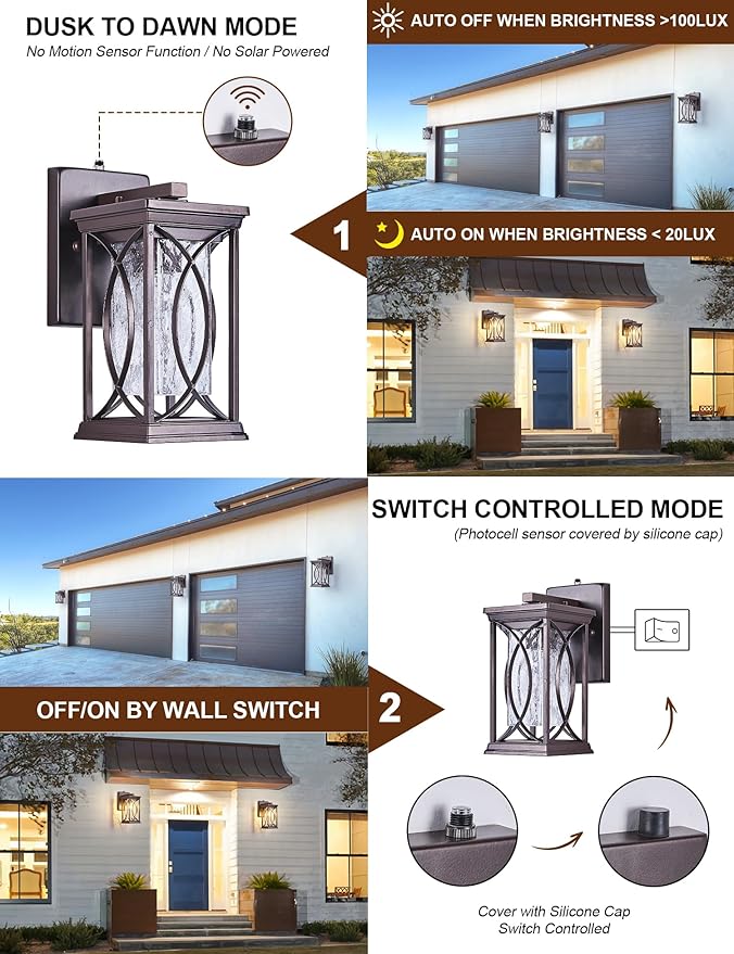 Oil Rubbed Bronze Porch Light Dusk to Dawn Outdoor Wall Lantern Small Modern Exterior Light Fixture Aluminum with Crack-Like Glass IP65 Waterproof Outdoor Sconce Outside Light for House, Front Door
