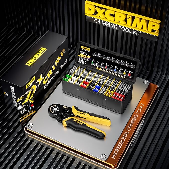 Ferrule Crimping Tool Kit, Ratchet Pliers for 24-8 AWG with 18 Types Insulated and Non-Insulated Ferrules, Self-Adjusting Pliers, Wire Ferrules Kit, Square Crimp Connector Assortment Kit