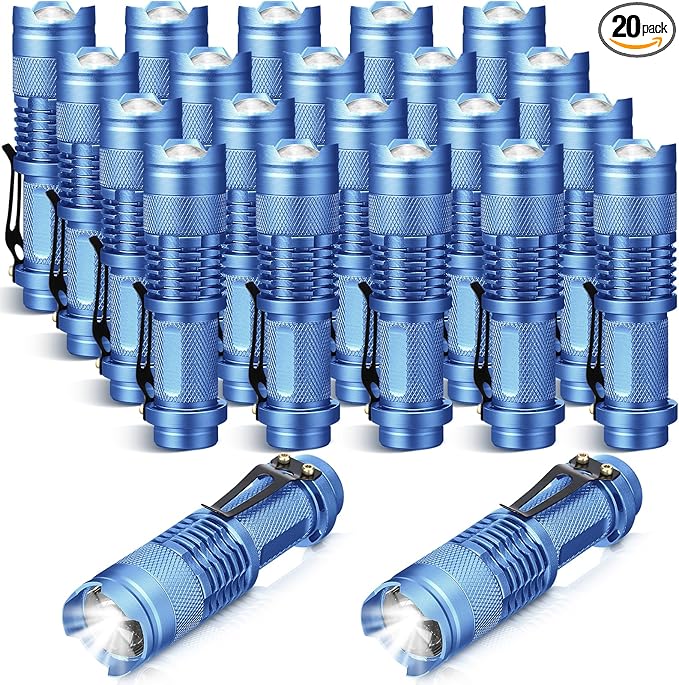 Fumete 20 Pieces LED Flashlight Mini 3 Mode Tactical Torch Small Water Resistant Pocket Flash Light Adjustable Focus Light Pen for Men, Father, Indoor Outdoor Hiking(Blue)