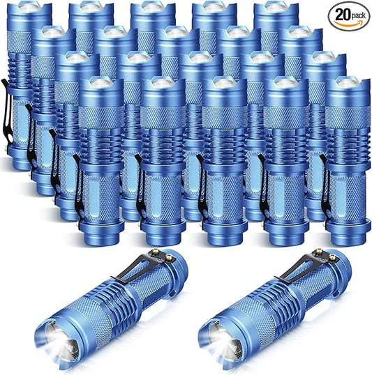 Fumete 20 Pieces LED Flashlight Mini 3 Mode Tactical Torch Small Water Resistant Pocket Flash Light Adjustable Focus Light Pen for Men, Father, Indoor Outdoor Hiking(Blue)