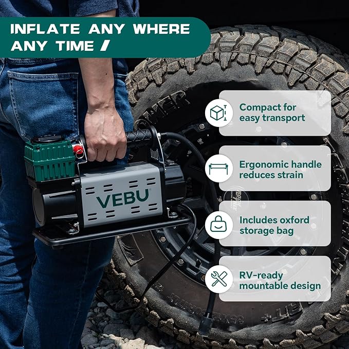 12V Air Compressor, 125PSI Tire Inflator with In-line Pressure Gauge, 5.65CFM Fast Inflation for Off-road Vehicles, Trucks, SUVs, RVs, ATVs, DC Power, Corded Electric