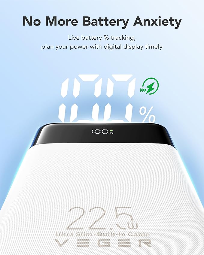 VEGER 10000mAh Portable Charger with 2 Built-in Cables, PD 22.5W Fast Charging USB C Power Bank, 4 Outputs 3 Inputs Slim Battery Pack Compatible with iPhone, Samsung, iPad, Android - Travel Essential
