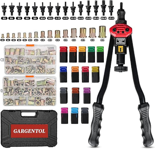 Rivet Nut Tool Kit, 16-Inch Rivnut Tool with 15 Metric & SAE Mandrels and Rivet Nut Gun, 200pcs Rivnut Tool Kit Assortment, Nutsert Tool Kit with Carrying Case